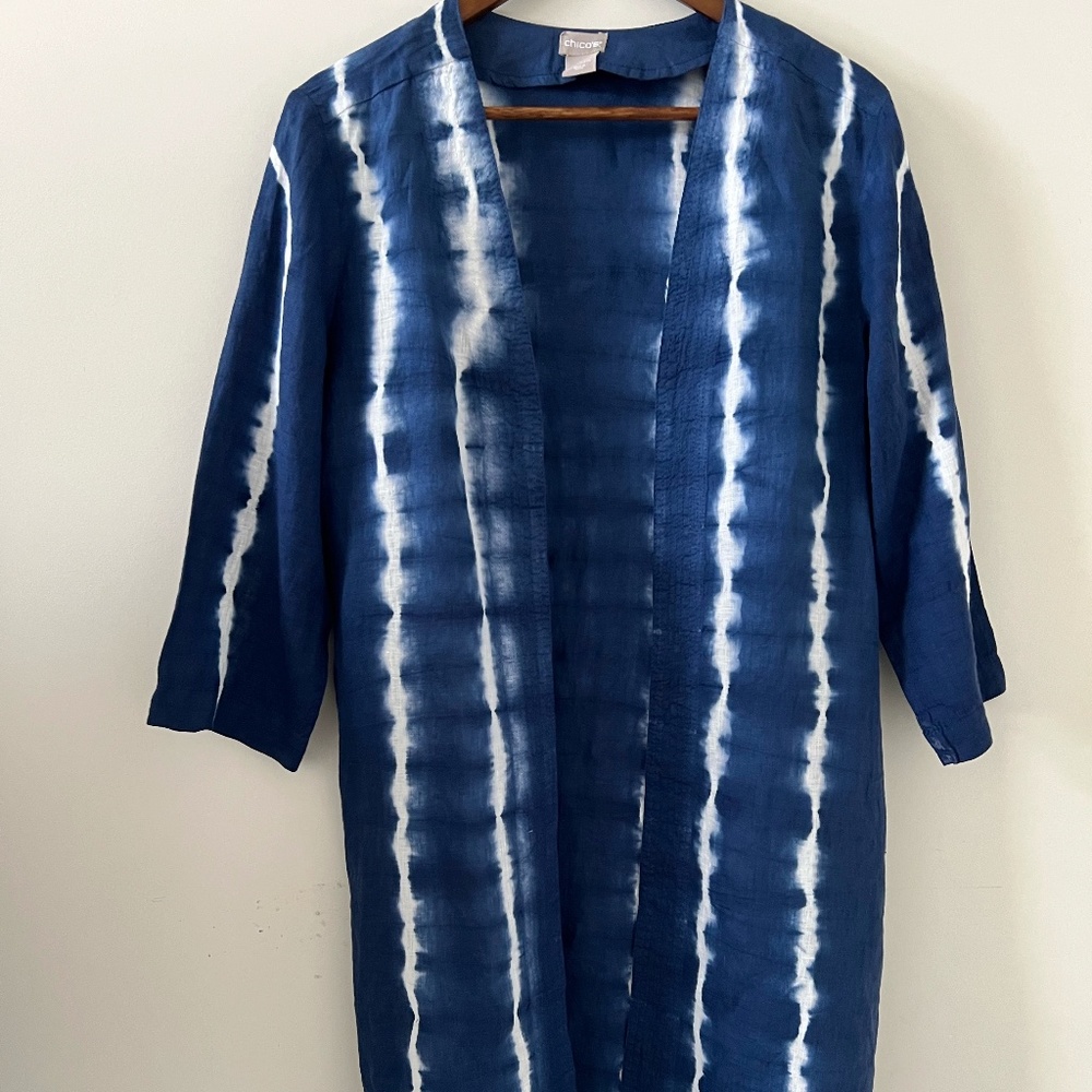 Chico's Blue & White Tie Dye Linen Open Front Kimono Cover Up Size 1/M
